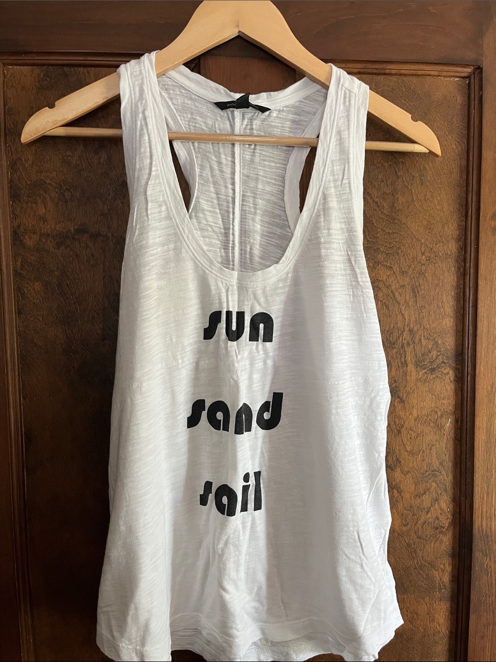 Banana Republic White Tank with Black 'Sun Sand Sail' Graphic